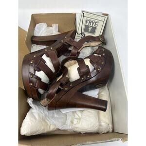 FRYE Brown Leather Dara T Strap Sandals Wooden Heels Sz 8.5 M Ankle Strap Boho‎